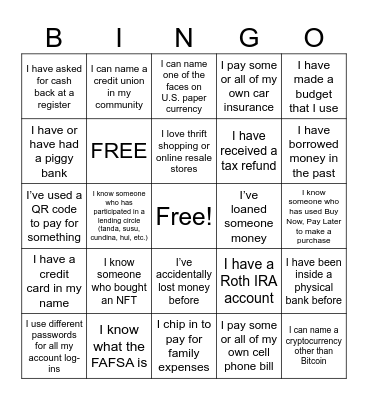 Financial Literacy Bingo Card