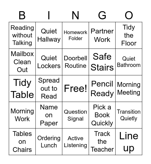 Routines Bingo Card