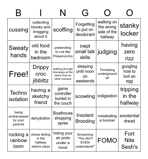 Unhinged Teenagers Bingo Card