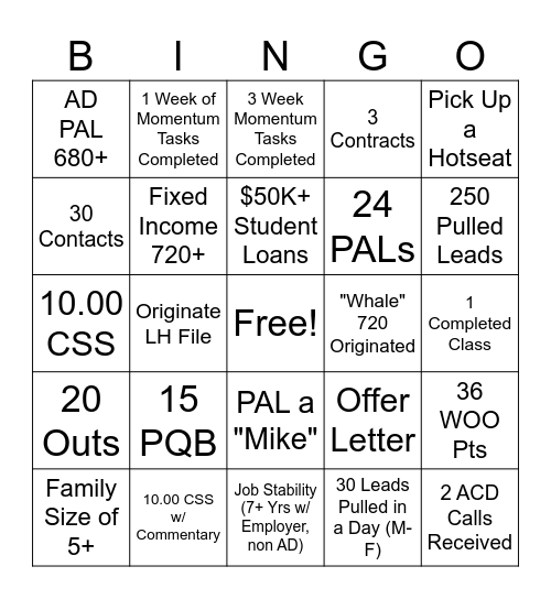 ORIGINATION Bingo Card