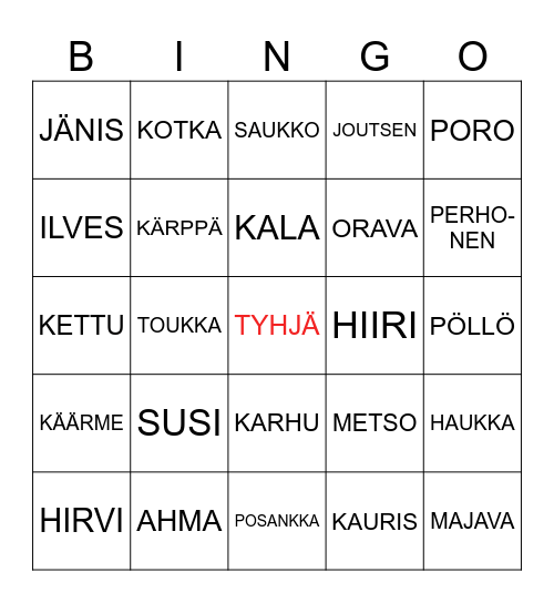 Metsän eläimet suomeksi + ekstraPosankka Bingo Card
