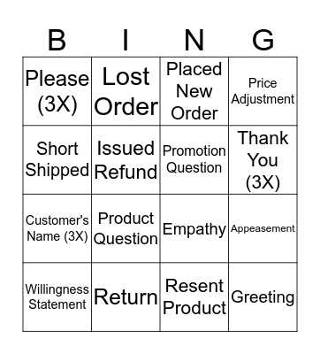 Customer Service BING Bingo Card