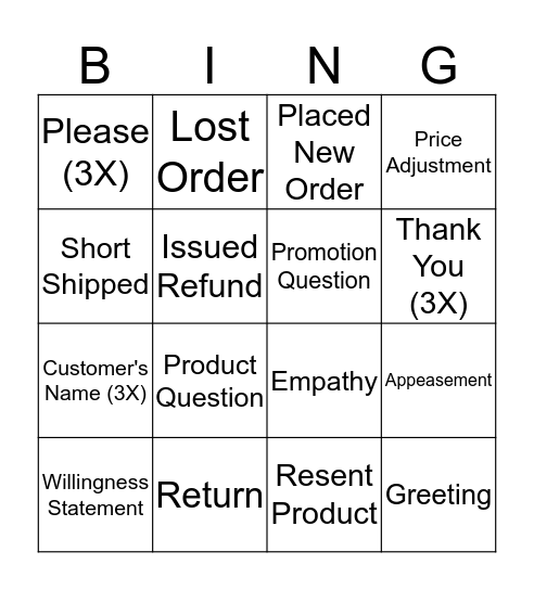 Customer Service BING Bingo Card