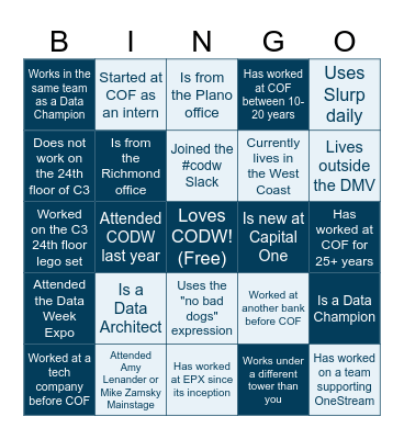 Capital One Data Week Networking Bingo Card