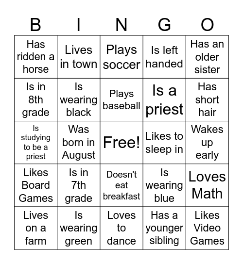 7-8 Grades Bingo Card