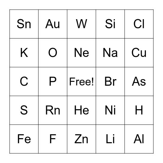 Element Symbols Bingo Card