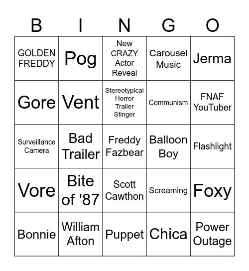 FNAF TRAILER 2 Bingo Card