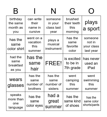 Classmate BINGO Card