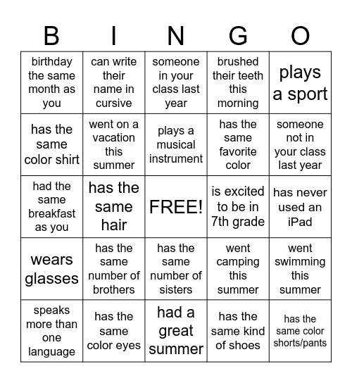 Classmate BINGO Card