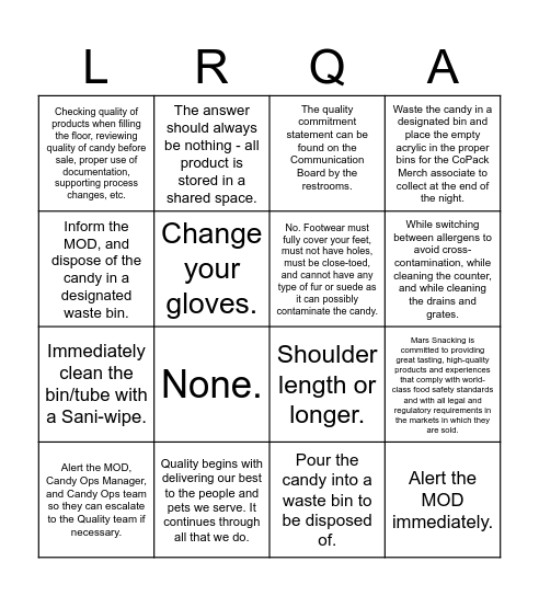 LRQA Prep Answers Bingo Card