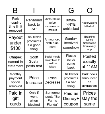 Magic Key Lawsuit Bingo Card
