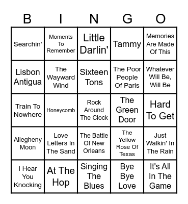 50's Hits Bingo Card