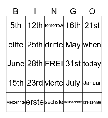 Ordinal Numbers Bingo Card