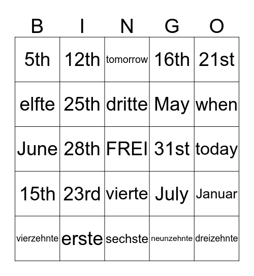 Ordinal Numbers Bingo Card