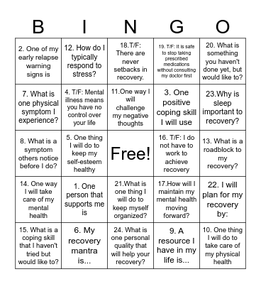 Recovery BINGO Card