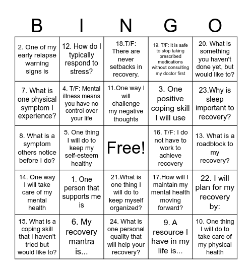 Recovery BINGO Card