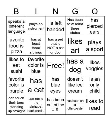Get to know each other bingo! Bingo Card