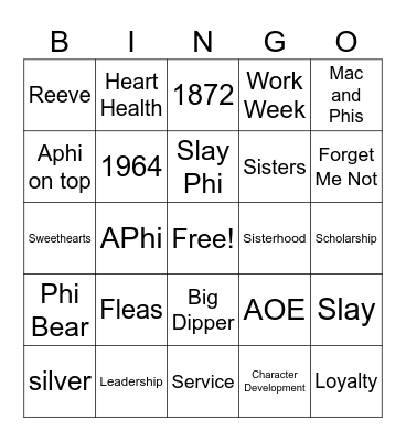 Alpha Phi Bingo Card