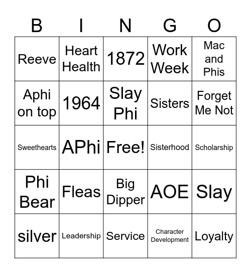 Alpha Phi Bingo Card