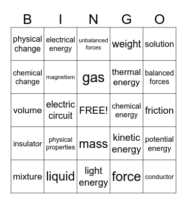 Physical Science Bingo Card