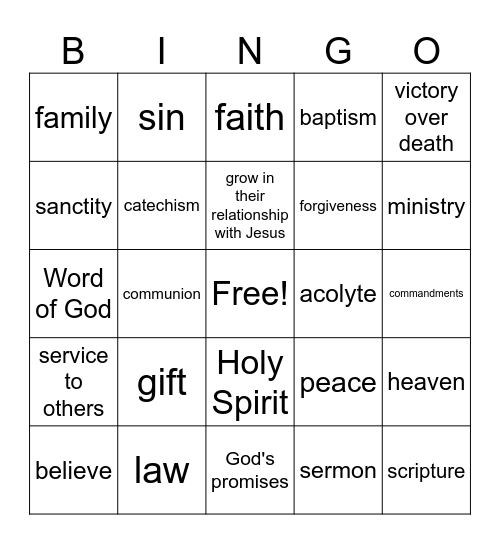 Confirmation Night Bingo Card