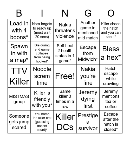 Dbd Bingo 2 Bingo Card