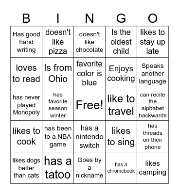 Get to Know You BINGO Card