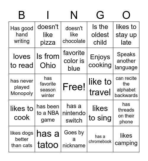 Get to Know You BINGO Card