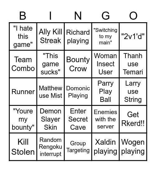 Vanquility Rogue Demon Bingo Card