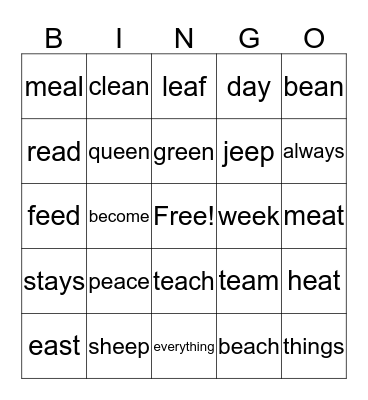 Word Family -ea, -ee, -e Bingo Card