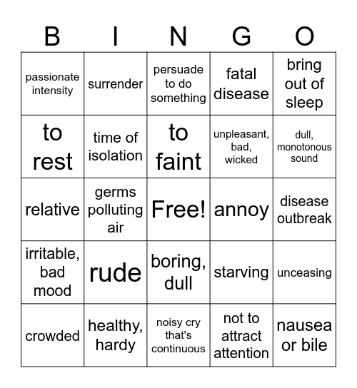 Fever Vocab  Bingo Ch 1-10 Bingo Card