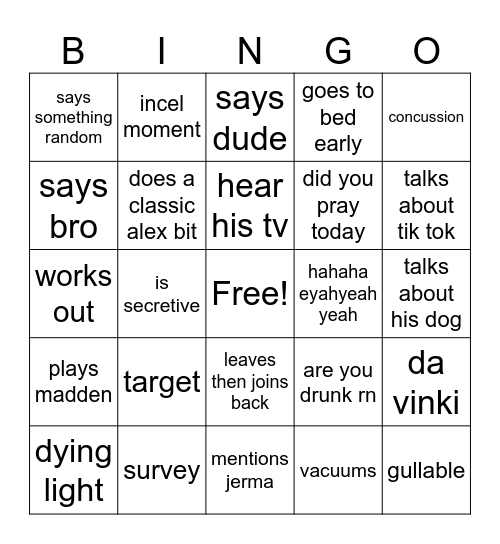 Alex Bingo Card