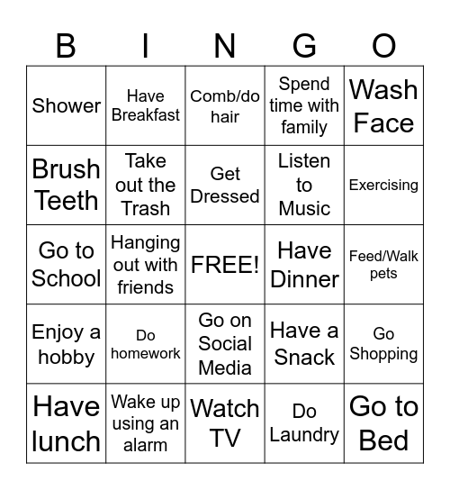 Independent Living Bingo Card