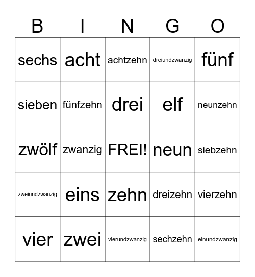 The German Numbers Bingo Card