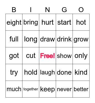 Sight Words Bingo Card