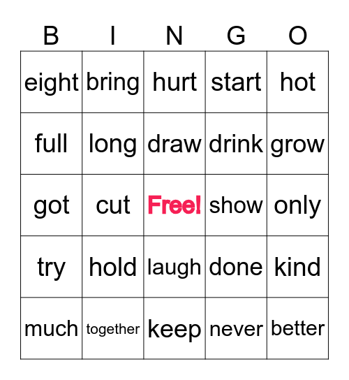 Sight Words Bingo Card