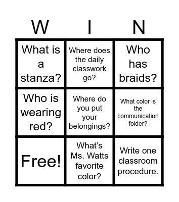 Ms. Watts’ Class Bingo Card