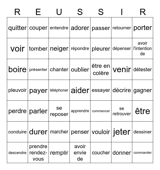 Level 1 French Verbs Bingo Card