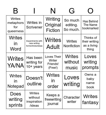 Marr Writer Bingo Card
