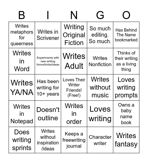 Marr Writer Bingo Card