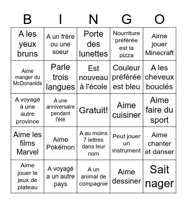 Trouver un ami qui ... Bingo Card