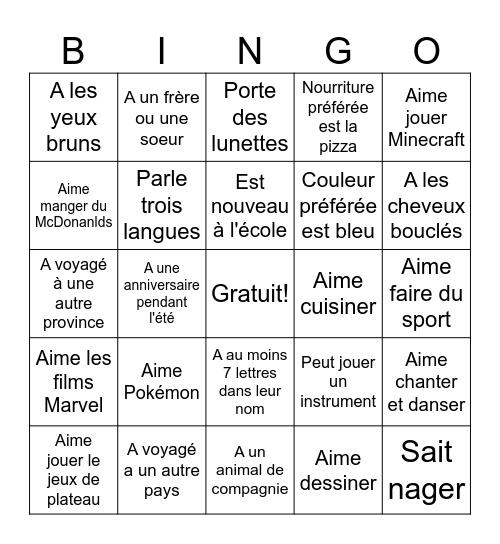 Trouver un ami qui ... Bingo Card