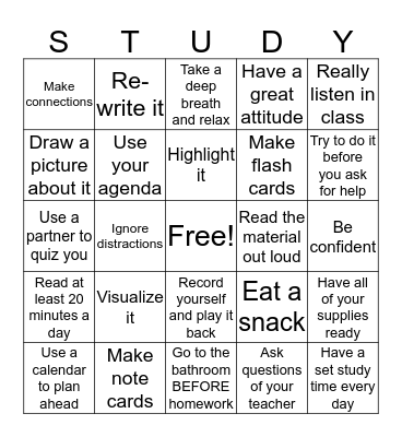 Study Skills Bingo Card