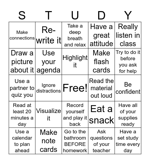 Study Skills Bingo Card