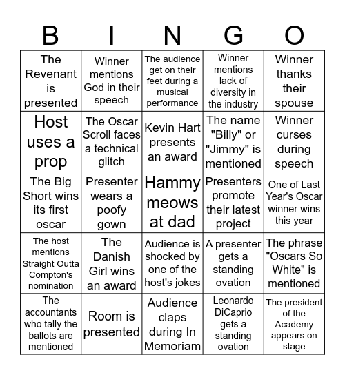 Oscar Bingo 2016 Bingo Card