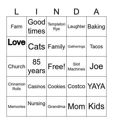 Linda's Birthday Bingo Card