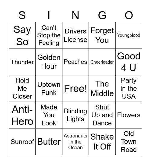 KidzBop Singo Bingo Card