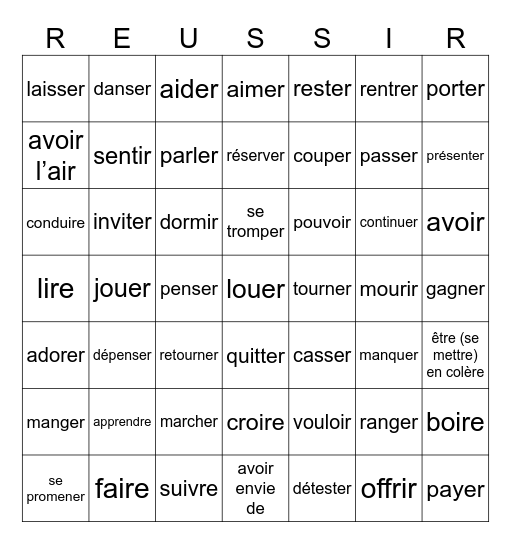 Level 1 French Verbs Bingo Card