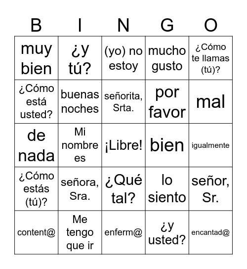 1.1:  Hola, ¿Cómo estás? Bingo Card