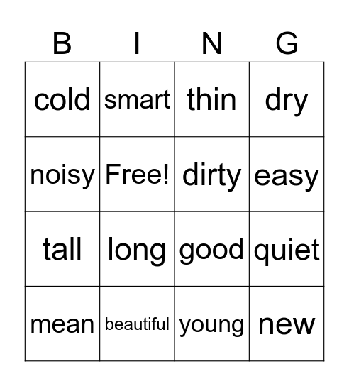 Adjectives Bingo Card